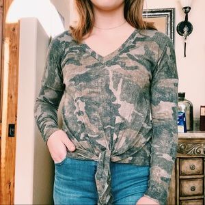 Veronica M. Camouflage Long Sleeve Tie Front Tee